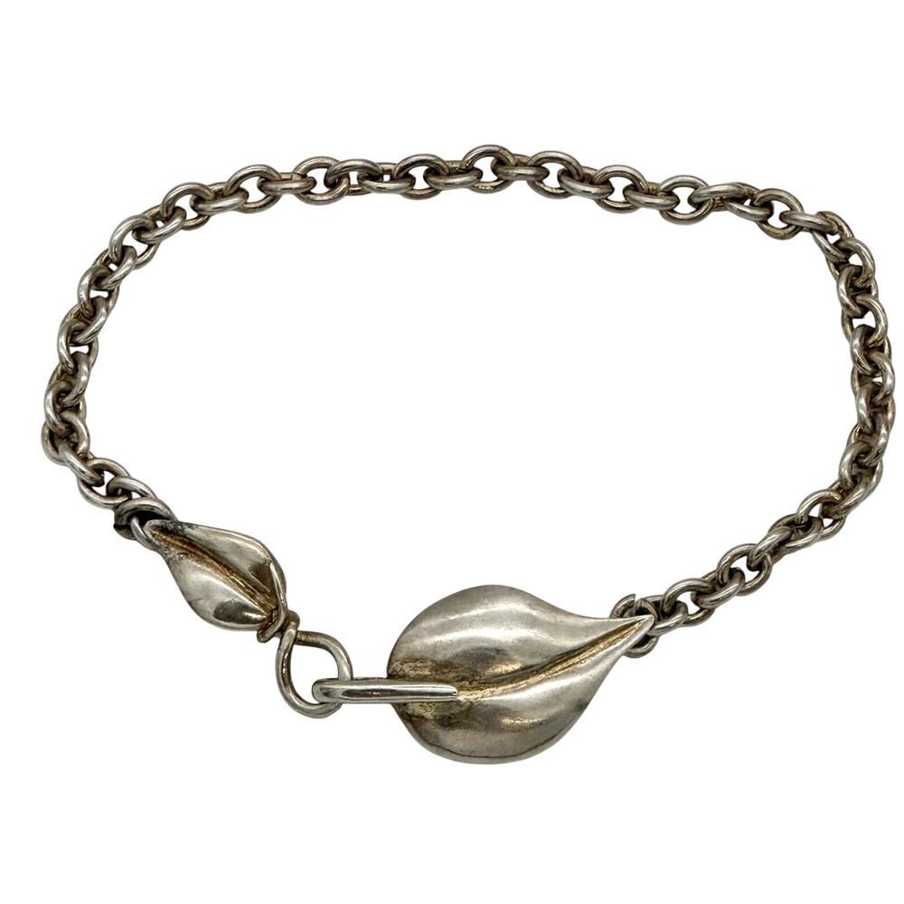 Vintage 925 Sterling Silver Chain Link Leaf Closure Bracelet 7 Inches Signed